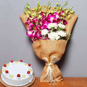 Sweet Affectionate Hamper - Jute Wrapped Bouquet of 6 Orchids and 5 White Roses with 500gm Pineapple Cake