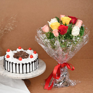 Mix Roses Cake Combo: Bouquet of 10 Mixed Roses and Blackforest cake