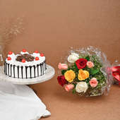 Bouquet of 10 Mixed Roses with Blackforest Cake: Cake and Flower Delivery