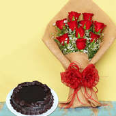 Sweet Red Pleasure Combo - Bunch of 10 Red Roses in Jute Wrapping with 500gm Chocolate Truffle Cake