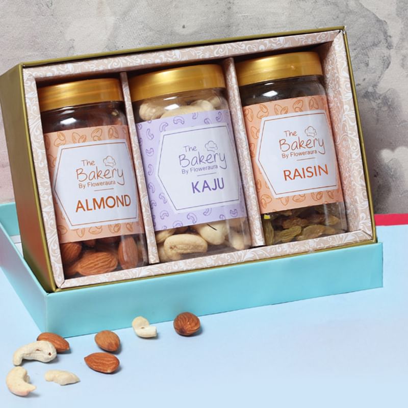 Healthful Wishes - Almonds Cashews Raisins with 2 Designer Diyas and Roli Chawal