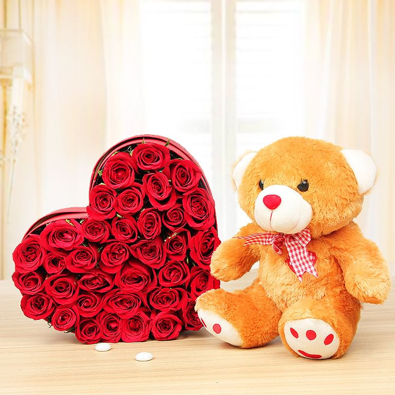 Sweetheart Exuberance - Combo of Heart shaped 35 red roses arrangement and 12 inch teddy
