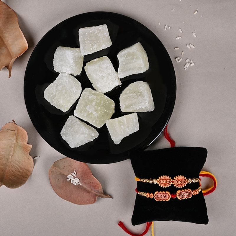 Sweetness Overload Rakhi Pack: Set of 2 Bro Rakhis with Petha to Germany