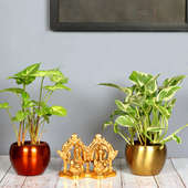 Syngonium Blessings Combo - Foliage Plant Indoors in Orchid Mini Vase with 2 Inch Brass Laxmi Ganesha Idol