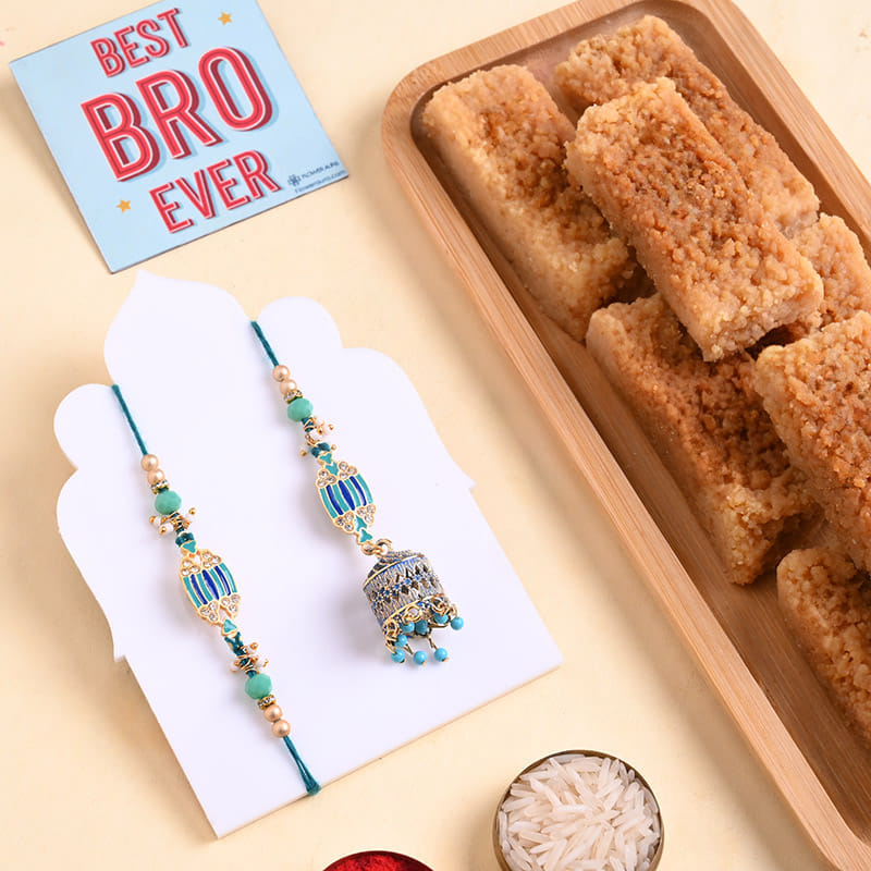 Bhaiya Bhabhi Teal Bead Rakhis With Milk Cake