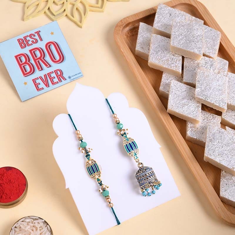 Designer Teal Bhaiya Bhabhi Rakhis With Kaju Katli