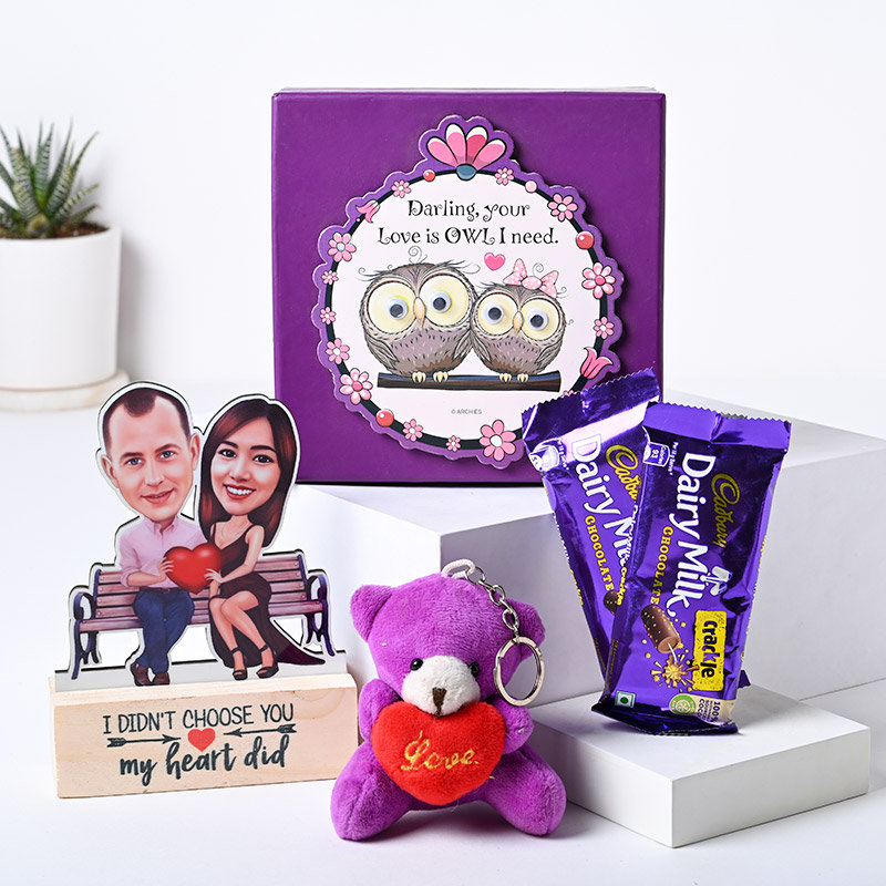 Teddy Keychain Choco Bars N Caricature In Owl Box Personalise Gift for Valentine