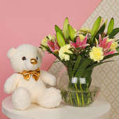 Teddy Lily Carnations Bunch:Happy birthday teddy bear with flowers