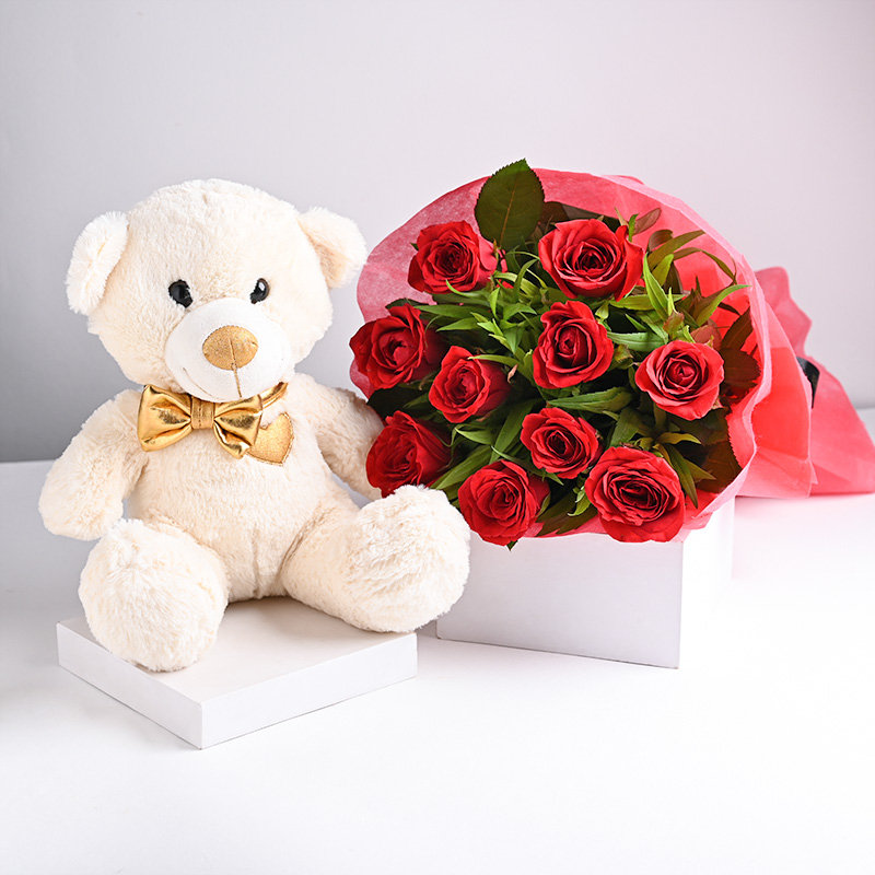 Teddy Love With Red Roses Bouquet