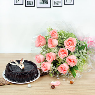 Tempting Exuberance - 10 Pink Roses and Half kg Chocolate Truffle Cake