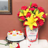 Carnations & Lilies Bunch in Anniversary Flower Box with Pineapple Cake