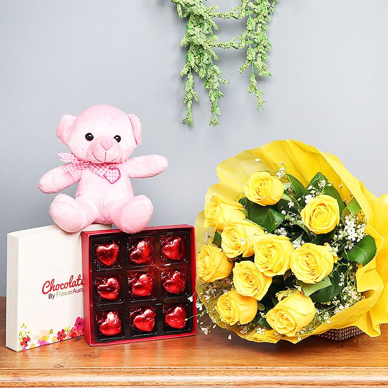 Combo of Yellow Roses Bunch and Chocolates with Teddy