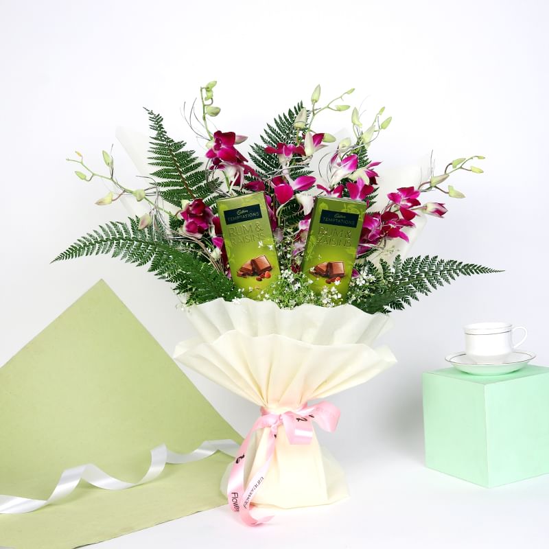 The Orchid Choc Bouquet: Bunch of 5 Purple Orchids in White Paper Packing