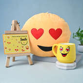 The Smiley Collection with smiley love pillow, and Love mug