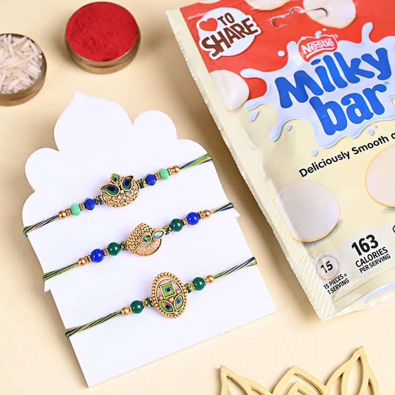 Three Beaded Desginer Rakhis With Chocolate