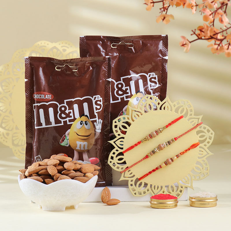 Three Beaded Mauli Rakhis With Choco Joy