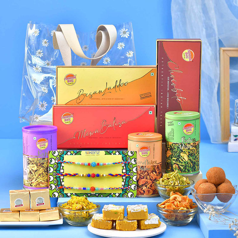 Three Beaded Rakhis N Treats Hamper