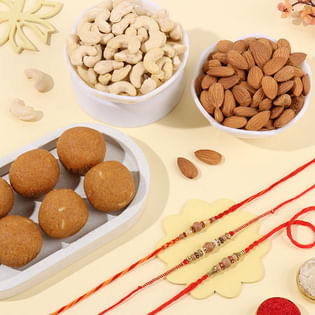 Three Beaded Rakhis With Besan Ladoo N Dry Fruits