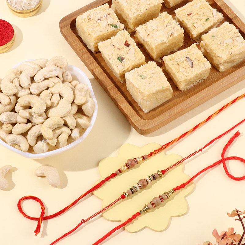 Three Beaded Rakhis With Cashews N Soan Papdi