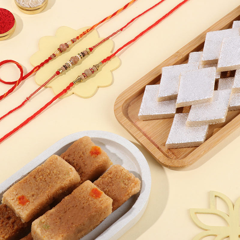 Three Beaded Rakhis With Kaju Katli N Milk Cake