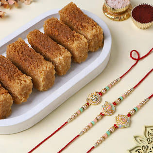 Three Designer Pearl Rakhis With Milk Cake