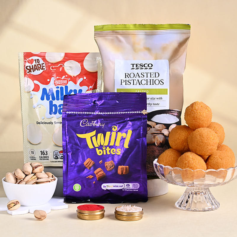Three Designer Rakhis N Festive Treats Hamper