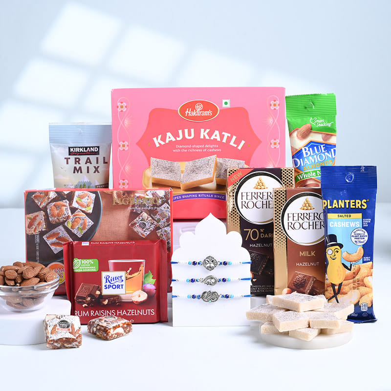 Three Designer Rakhis N Snacks Hamper-Canada