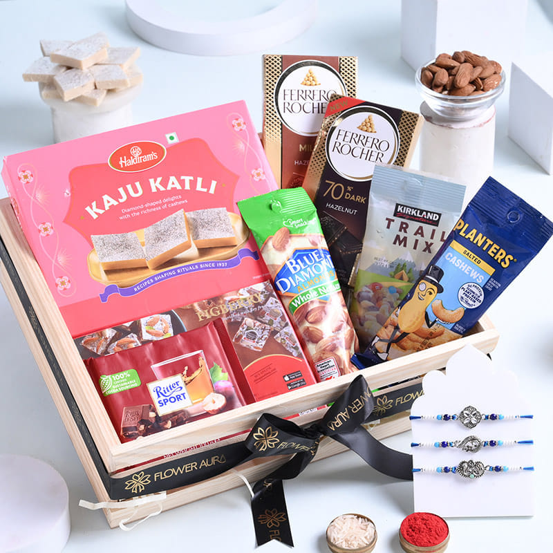 Three Designer Rakhis N Snacks Hamper-Canada