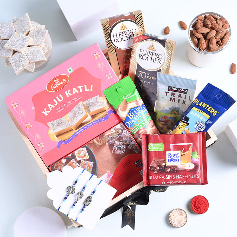 Three Designer Rakhis N Snacks Hamper-Canada