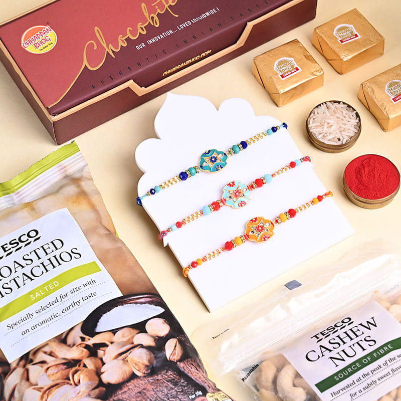 Three Designer Rakhis With Chocobite N Pistachios