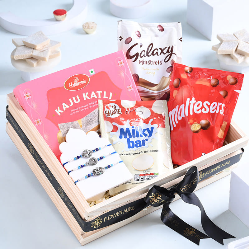 Three Designer Rakhis With Chocolates N Sweets-UK
