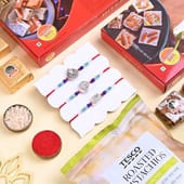 Three Designer Rakhis With Sweets N Pistachios