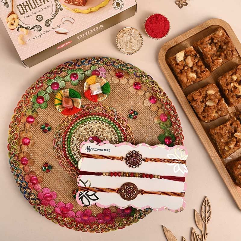 Three Designer Rakhis With Tika Thali N Dhoda