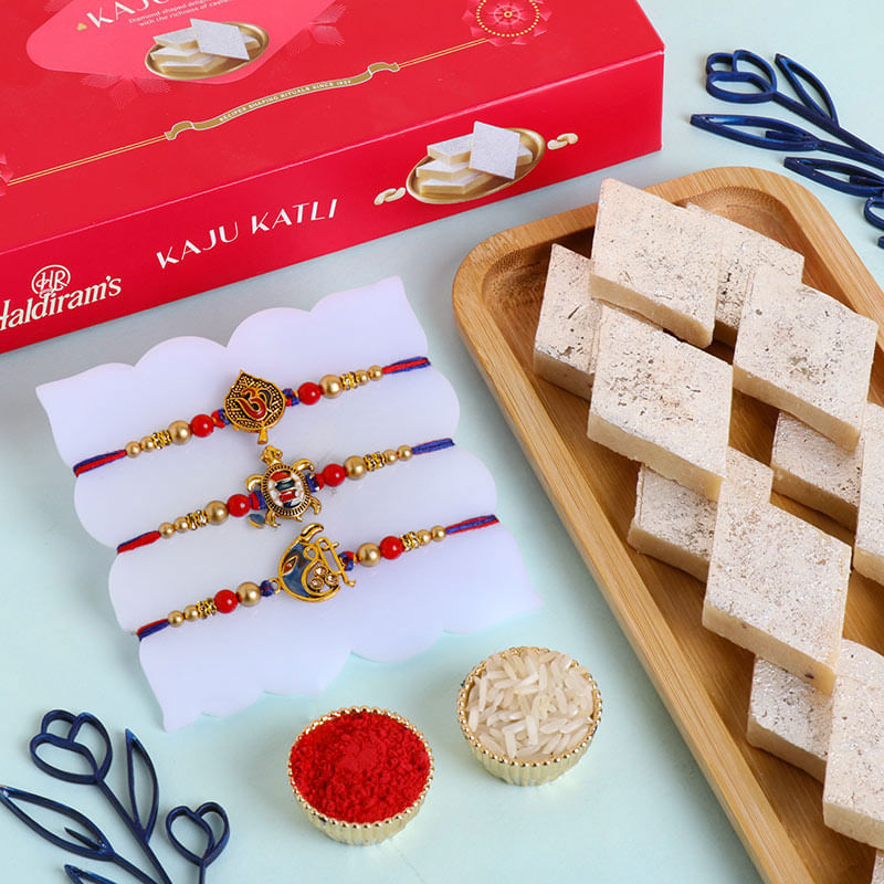 Set of 3 Colorful Divine Rakhi With Haldiram Kaju Katli