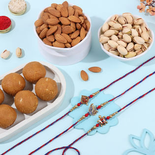 Three Divine Rakhi Trio With Besan Laddoo N Pista