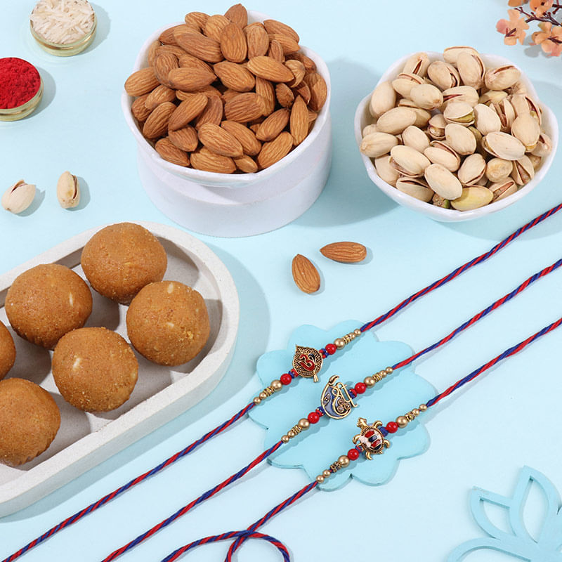 Three Divine Rakhi Trio With Besan Laddoo N Pista-France