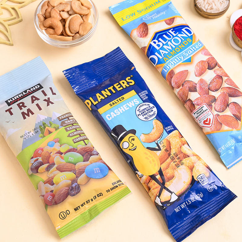 Three Divine Rakhis N Healthy Treats Hamper