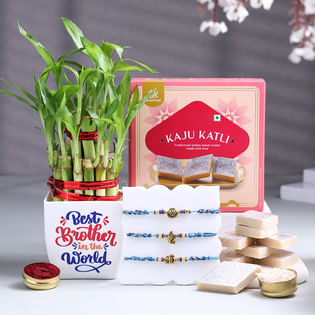 Three Divine Rakhis With Bamboo Plant N Kaju Katli