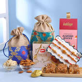 Three Divine Rakhis With Dry Fruits N Dhoda Gift Hamper