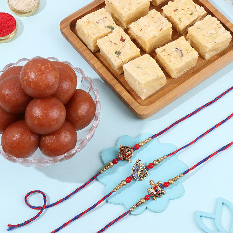 Three Divine Rakhis With Gulab Jamun N Soan Papdi-Belgium
