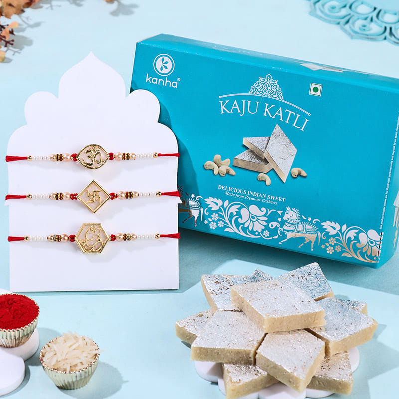 Three Divine Rakhis With Kaju Katli