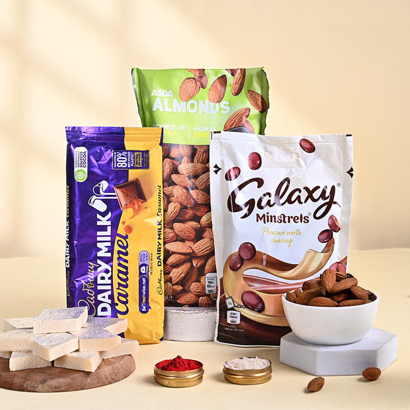 Three Divine Rakhis With Sweet Treats N Nuts