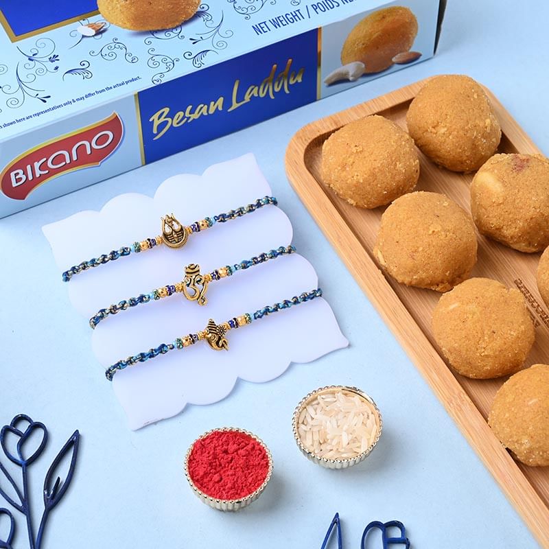 Set of 3 Divine Symbol Rakhi With Besan Laddu