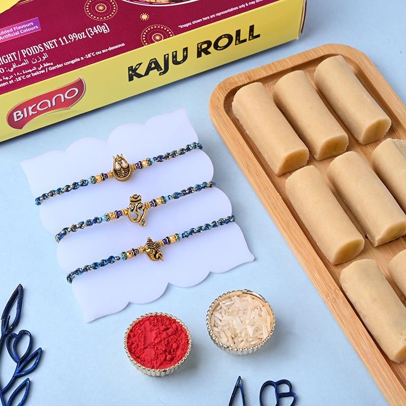 Set of 3 Divine Rakhi Symbol With Kaju Roll