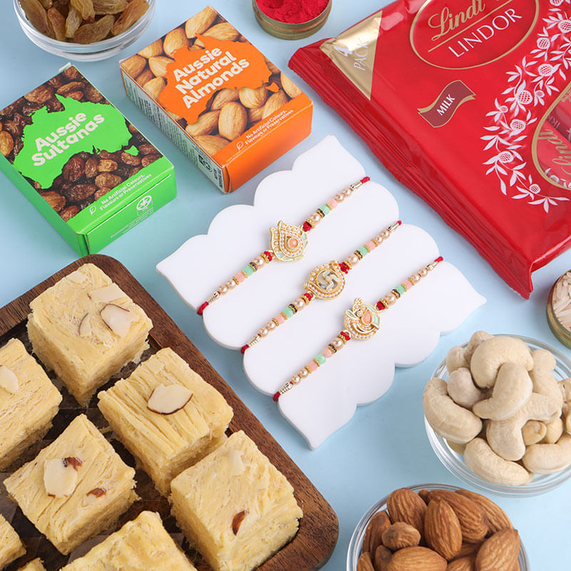 Three Elegant Beaded Rakhis With Sweet N Chocolate