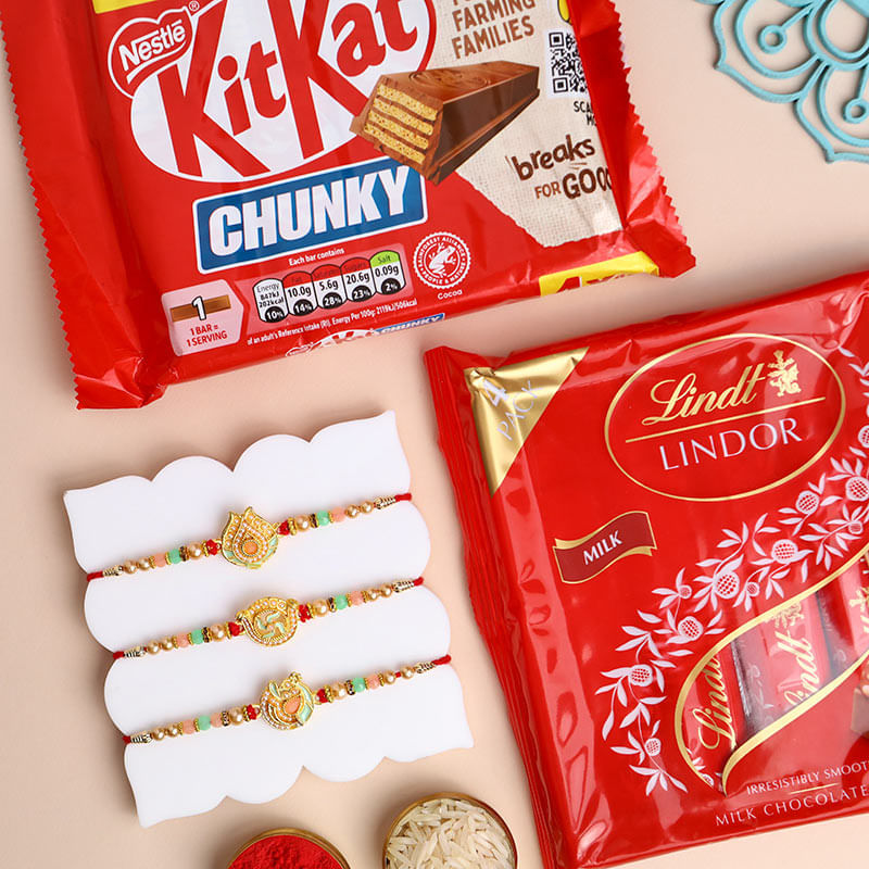 Three Festive Pastel Rakhis With Chocolates