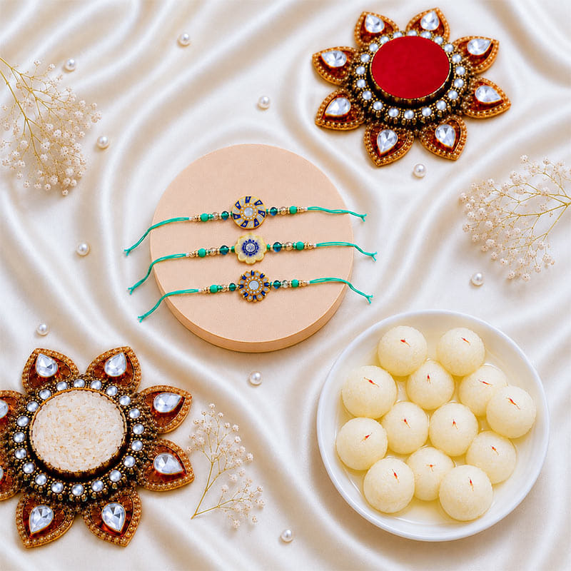Three Graceful Beaded Rakhis With Rasgulla