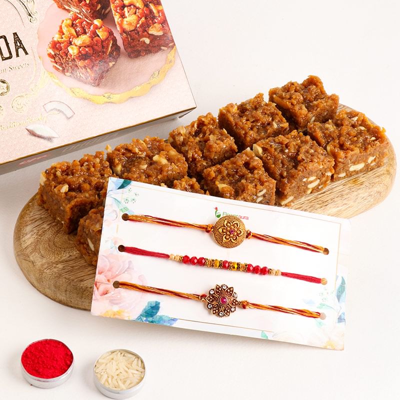 Three Mandala Rakhi And Dhoda Mithai