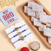 Peacock Motifs Rakhi Trio With Kaju Katli