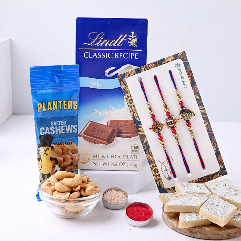 Three Rakhis With Chocolate Kaju Katli N Cashew